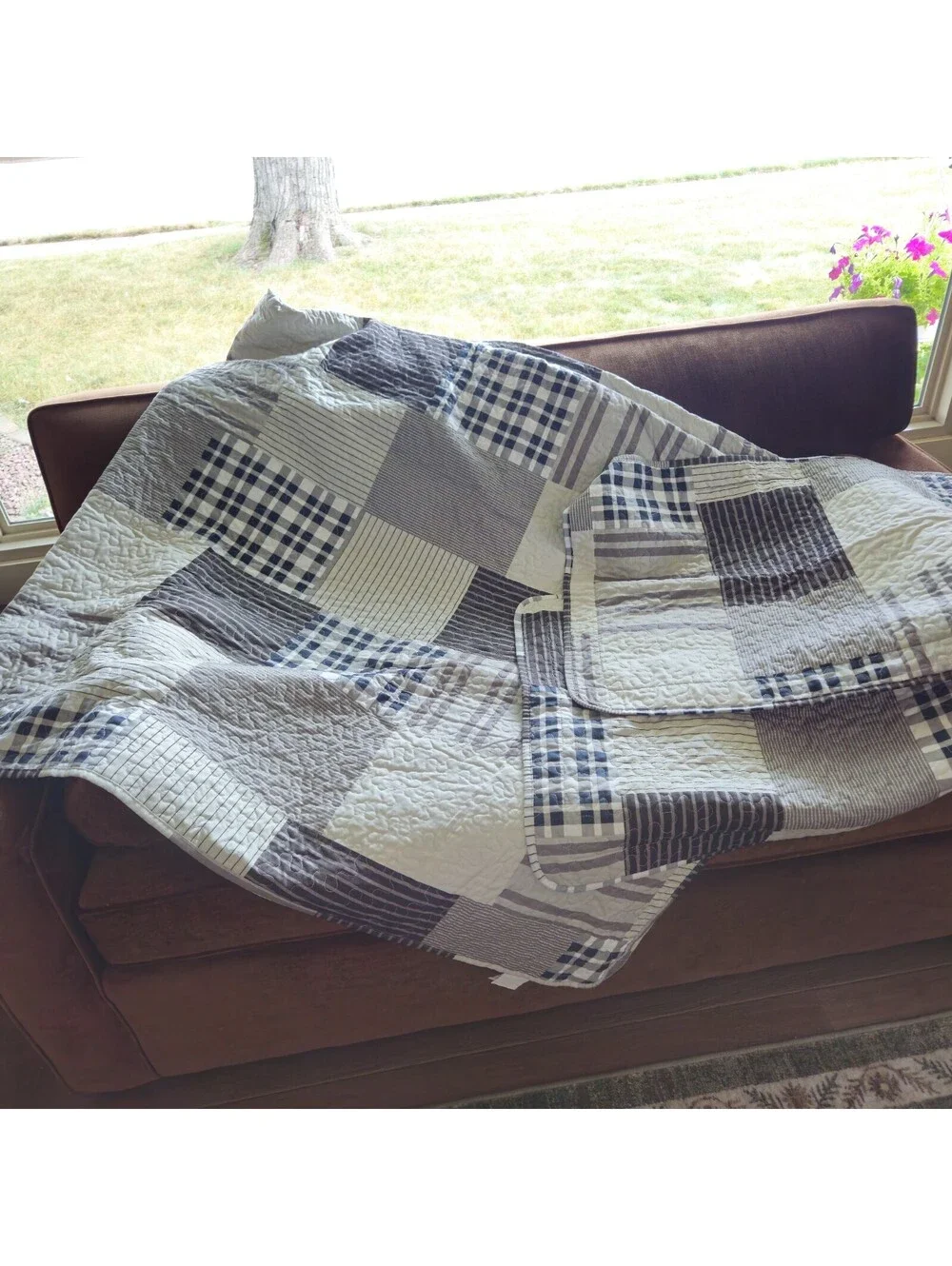 All American Full Size Quilted Comforter W/2 Shams Navy Geometrics Reversible...